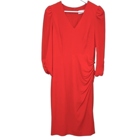 eliza J Red 3/4 Sleeve V-Neck Midi Dress Sz 4 - Picture 3 of 11